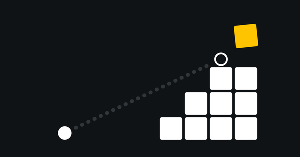A white ball sits at the foot of a staircase of white blocks. A straight dotted line runs from the ball to a hollow ring on the top step, with a tilted yellow block waiting above.