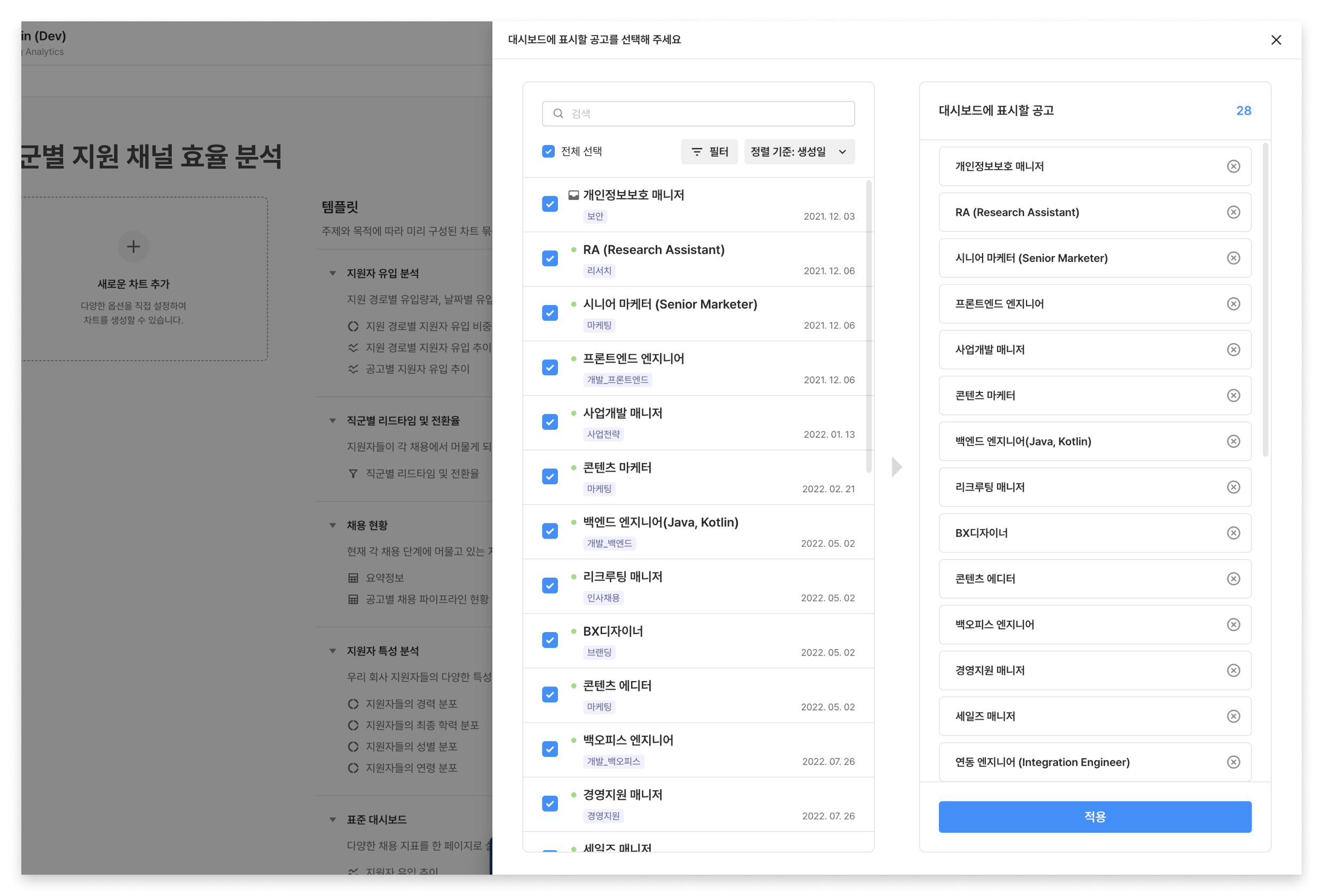 채용 대시보드, 지원자 공고, 그리팅 워크스페이스