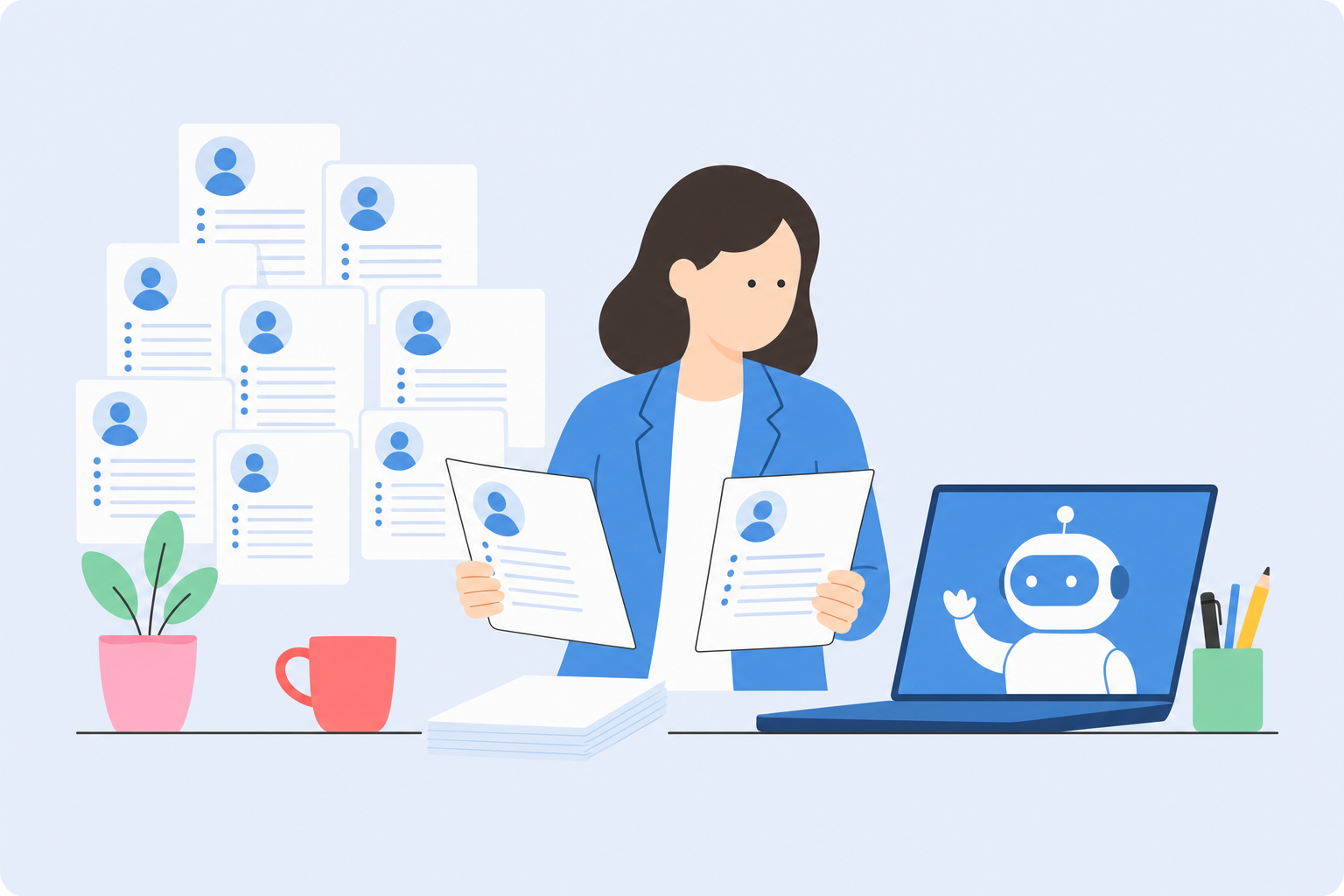 AI 서류 평가 시대에 비슷해 보이는 이력서를 검토하는 채용 담당자