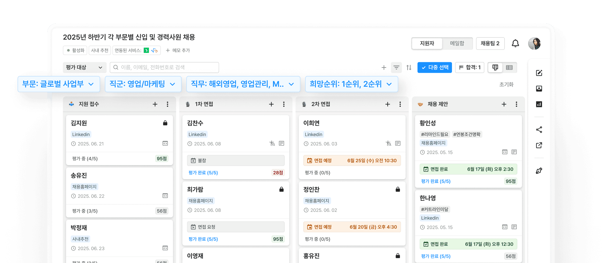 그리팅에서 하반기 공채 공고의 지원자를 부문, 직군, 직무, 희망순위로 나눠 보는 화면