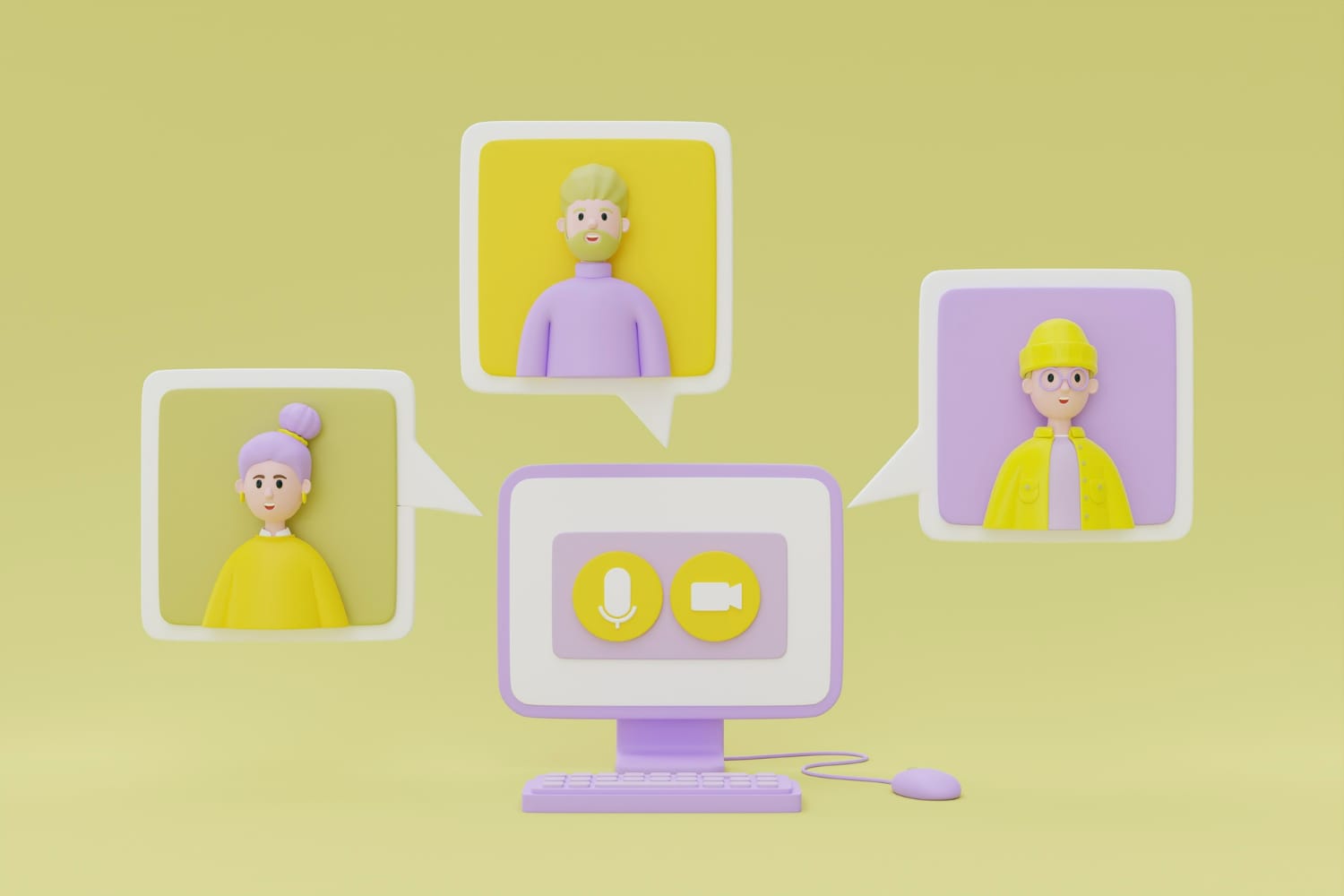 영상 통화 중인 세 명의 인물을 3d 렌더링한 모습.