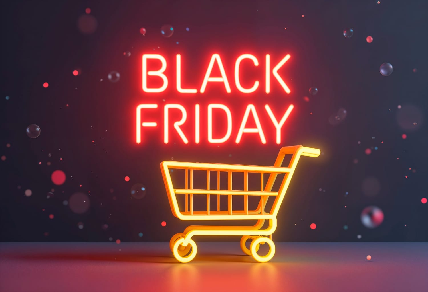 Black Friday라는 네온 사인 밑에 놓여진 쇼핑 카트의 모습