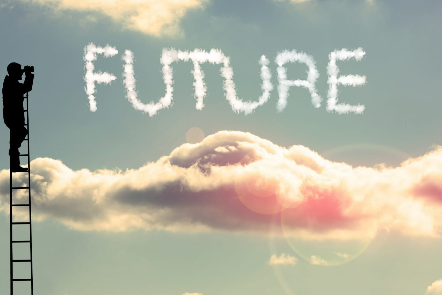 하늘 위의 구름 위에 Future라고 chemtrail이 뿌려져 있는 모습.