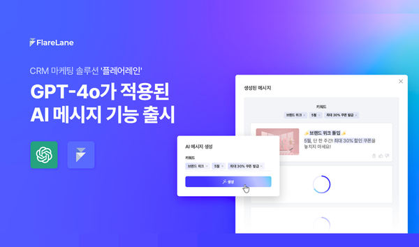 'crm 마케팅 솔루션 플레어레인 GPT가 적용된 AI 메시지 기능 출시' 문구가 들어간 이미지. 