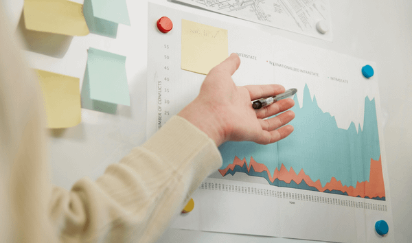 퍼포먼스 마케터의 손이 성과 차트를 펜으로 가르키고 있다.