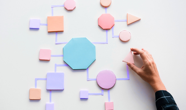 여러 색과 디자인의 포스트잇으로 표현한 이벤트 택소노미와 마케팅 자동화