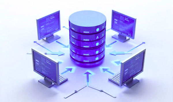 데이터 웨어하우스 (Data Warehouse)를 컴퓨터와 중앙 허브 등 디지털 형상화한 모습.