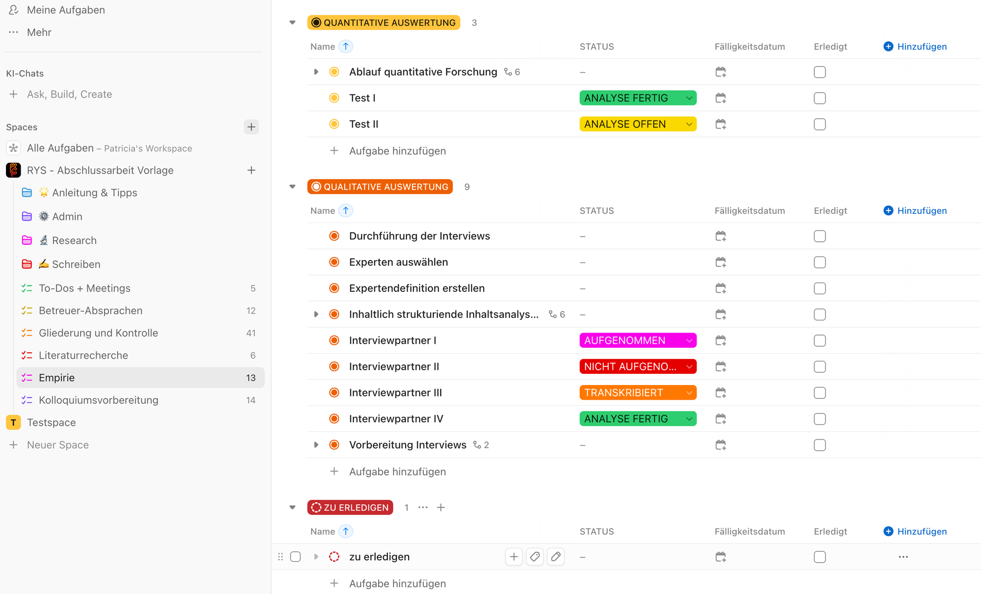 Clickup - Vorlage für die Abschlussarbeit