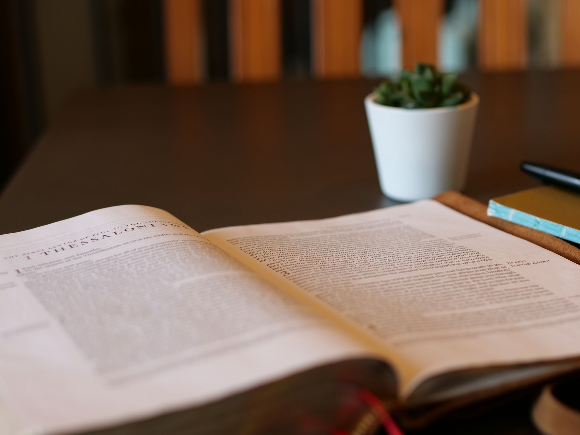 Open Bible to 1 Thessalonians chapters 1 to 4, a notebook with a pen on it, and a small succulent in a white pot. 