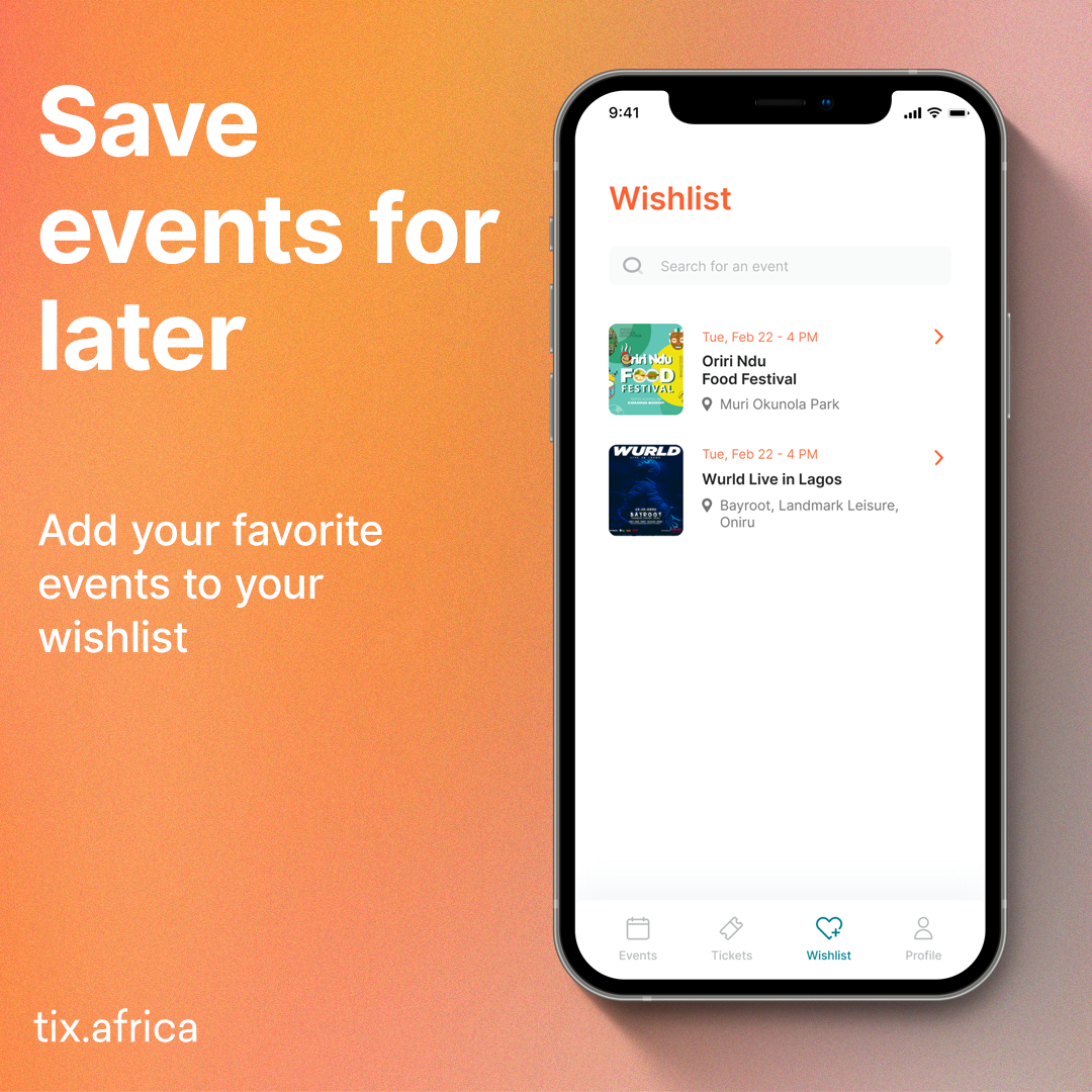 A display of the wishlist section of the Tix app