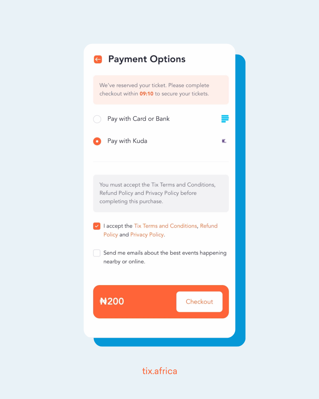 A screenshot showing how to pick Pay With Kuda as a payment option on Tix