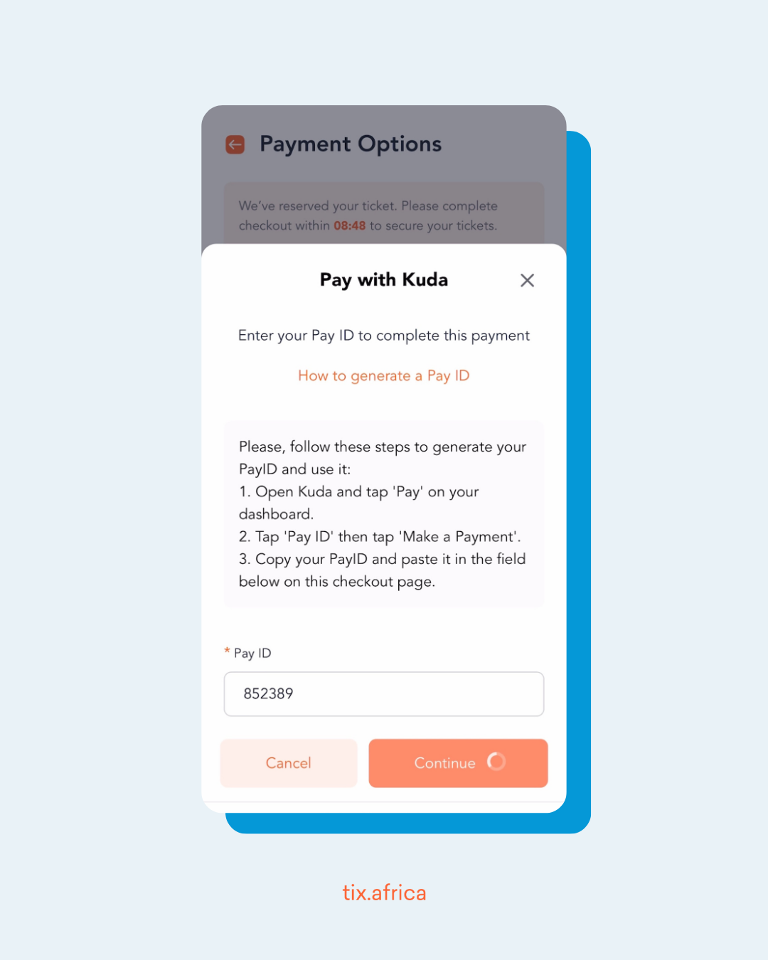 A screenshot showing how to type in your Kuda Pay ID when buying your ticket on Tix