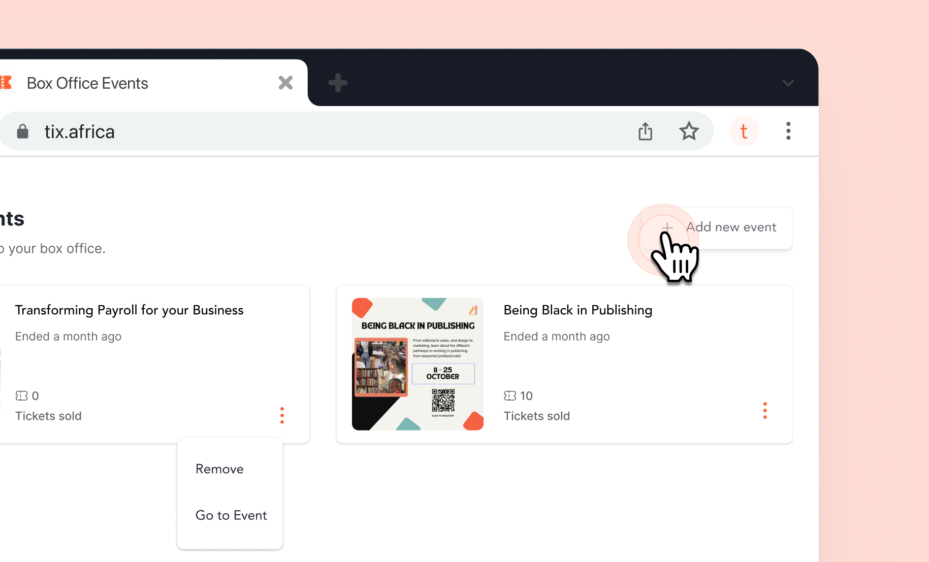 Screenshot showing how to add events to your box office on Tix