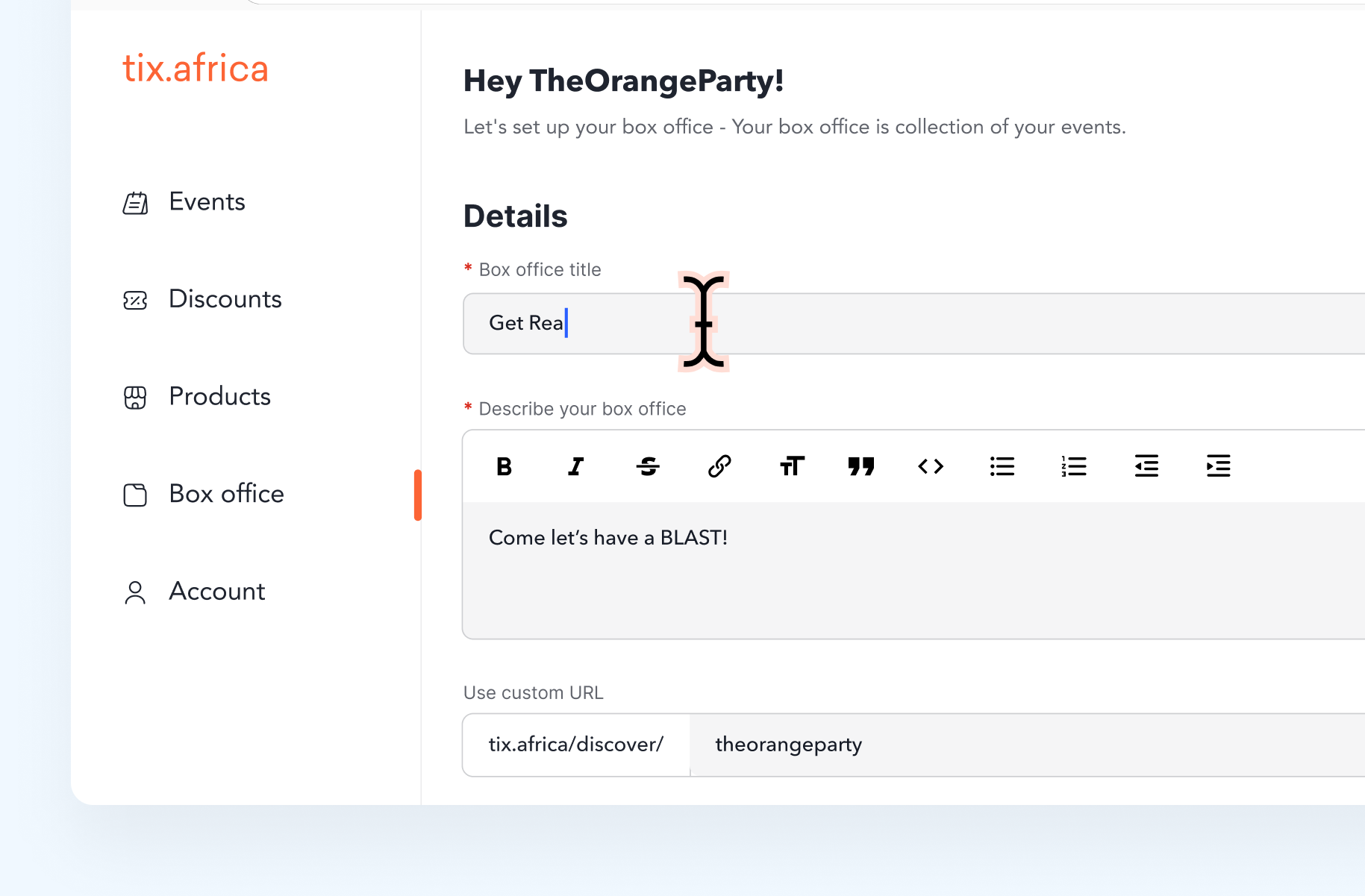 Screenshot showing how to add title, description and details to your box office on Tix