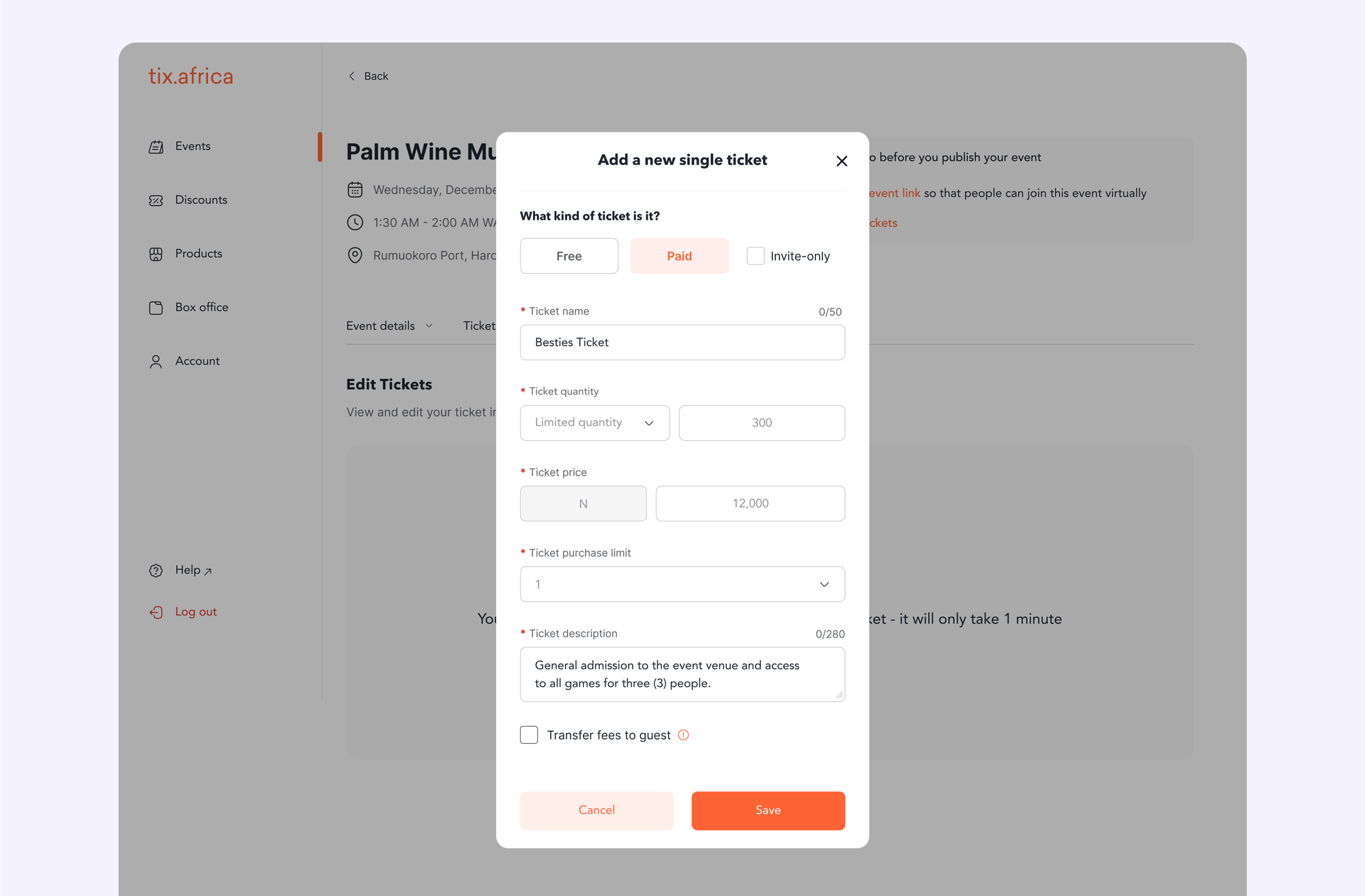 Setting a ticket quantity on Tix Africa