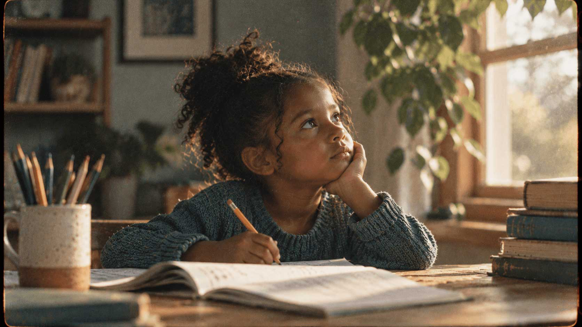 A young child daydreaming while holding a pencil on a sunny day. 