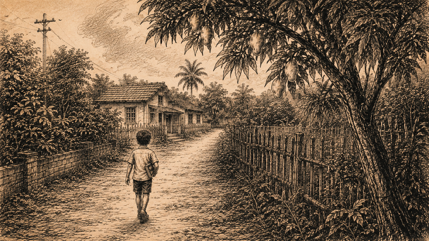 A quiet village road winding toward a childhood home beneath mango trees, illustrated in sepia ink.