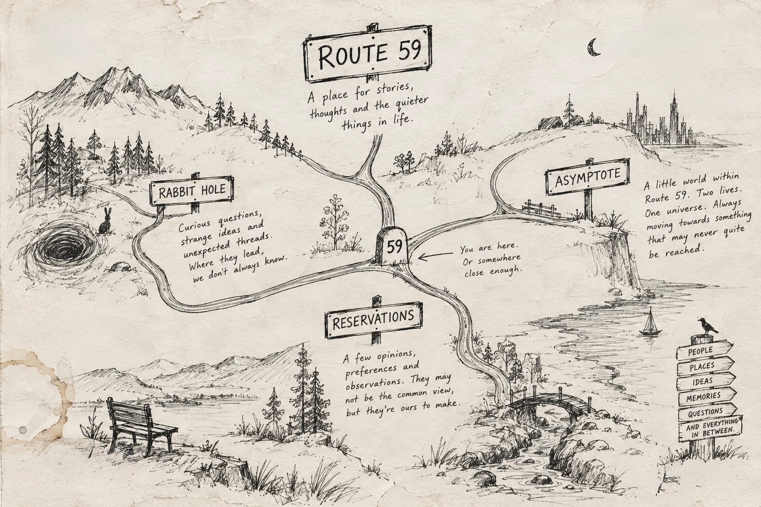 Hand drawn map of the Route 59 universe showing Asymptote, Rabbit Hole and Reservations