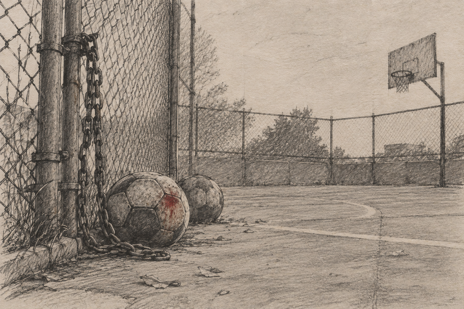 Pencil sketch of a fenced basketball court with a chain hanging from the fence beside two worn footballs.