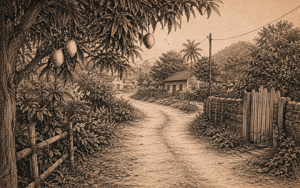 A quiet village road winding toward a childhood home beneath mango trees, illustrated in sepia ink.