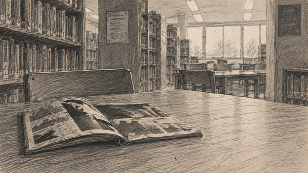 Pencil sketch of an open comic book on a library table, with bookshelves and a quiet reading area in the background.