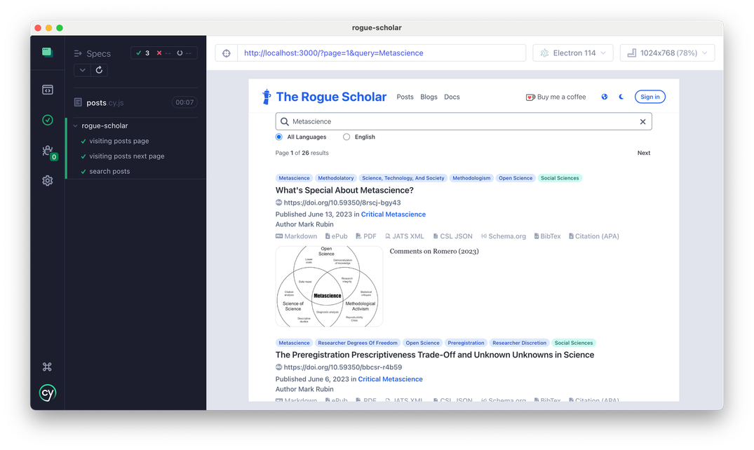 Adding automated end-to-end testing to Rogue Scholar