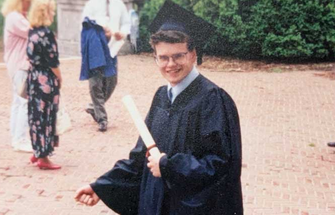 Jeff Atwood in graduation attire at the University of Virginia in 1992