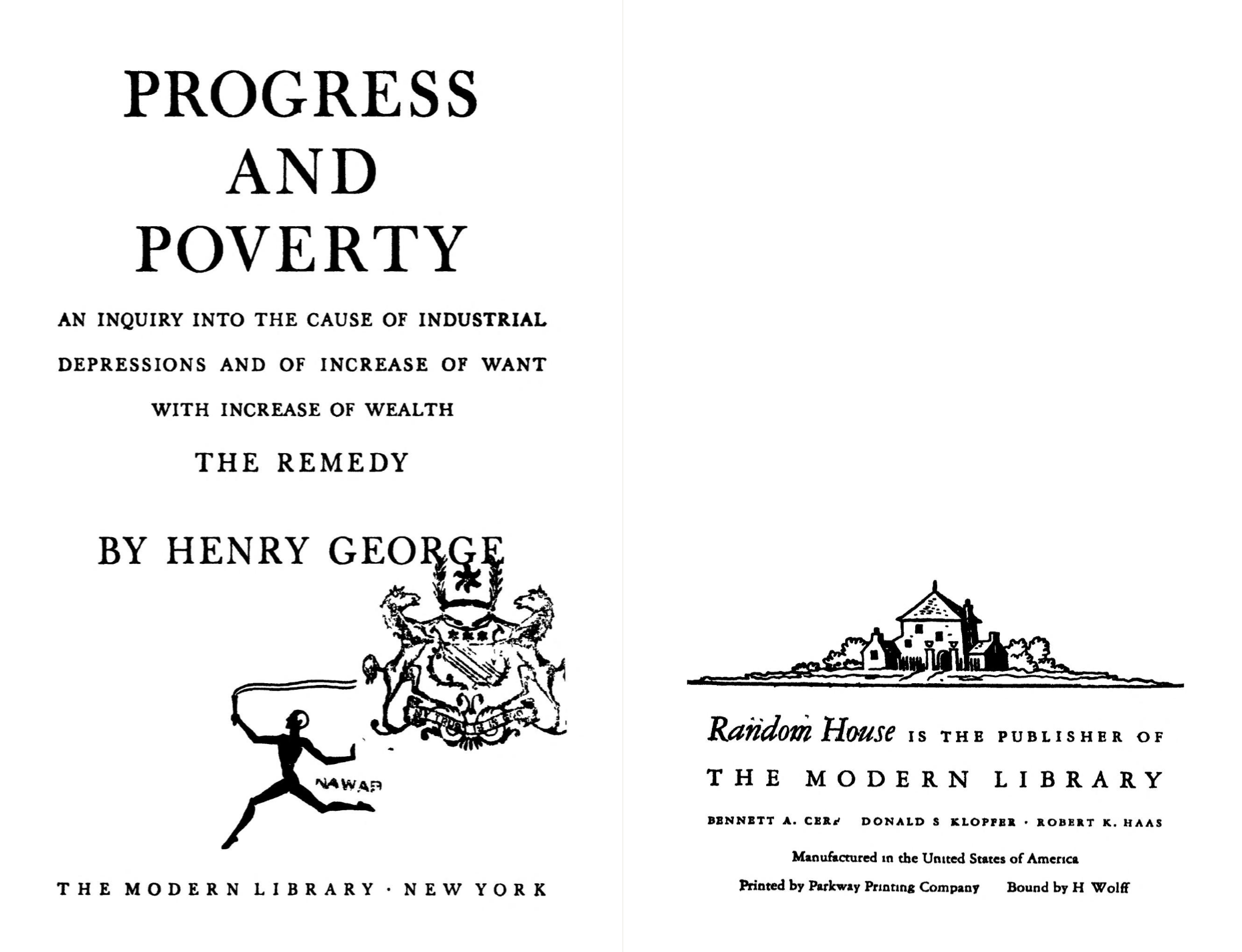 The front cover and first interior page of the book Progress and Poverty by Henry George