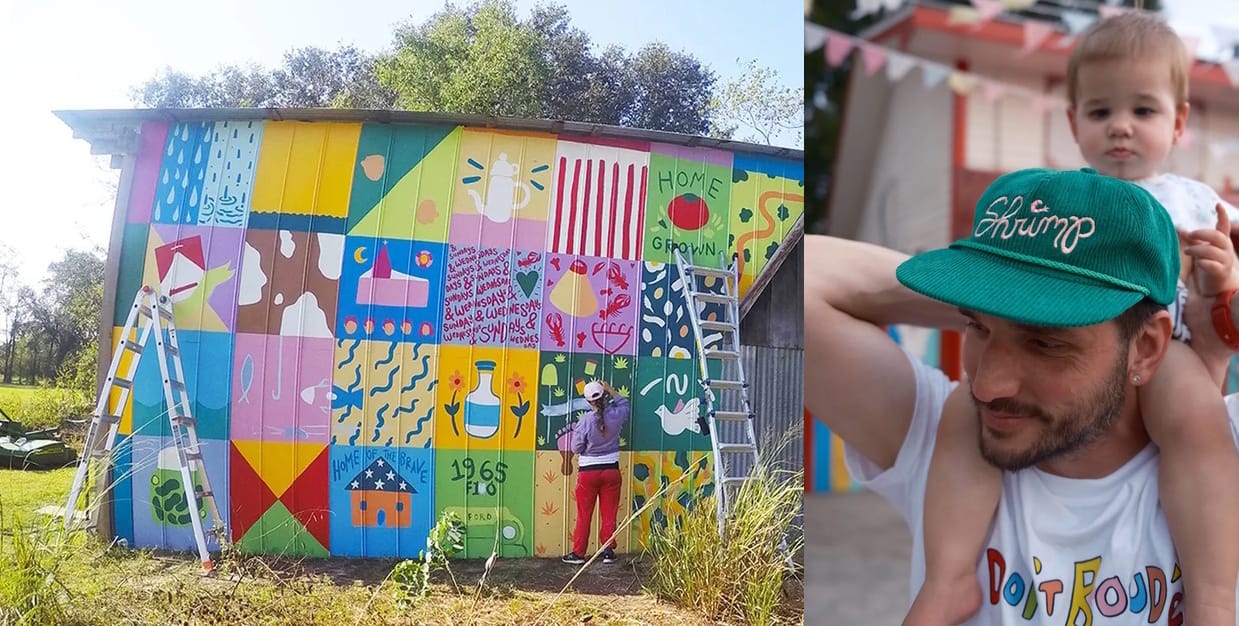 Hanna Gumbo painting a brightly colored set of illustrated squares on the side of a barn in Louisiana, next to a photo of her partner with a small child on his back, smiling, wearing a corduroy Shrimp hat