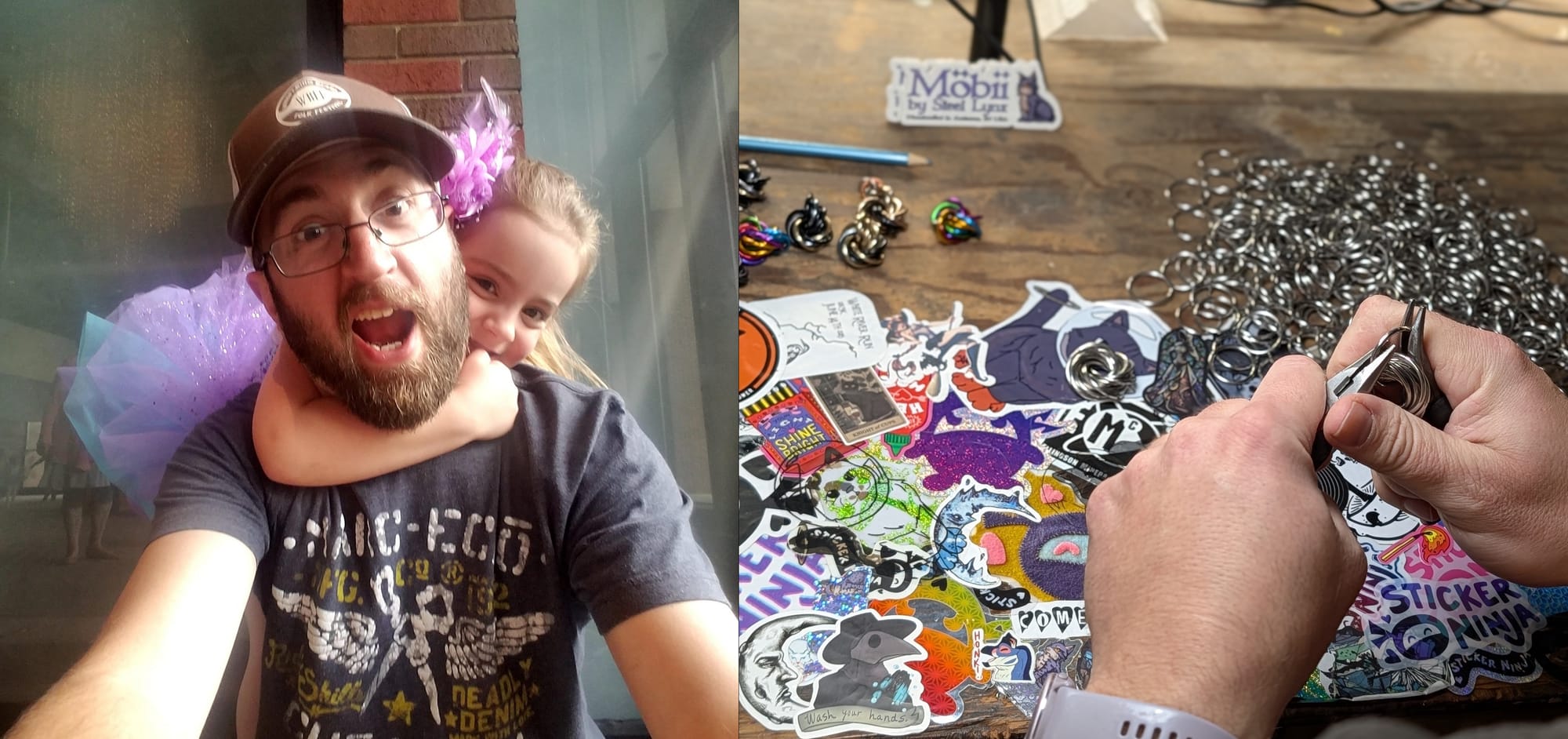 Geoff with a smiling toddler wearing a bright purple dress on his back, mouth open in surprise, next to a close-up photo of Geoff's hands at a workbench where many Mobiis are being assembled