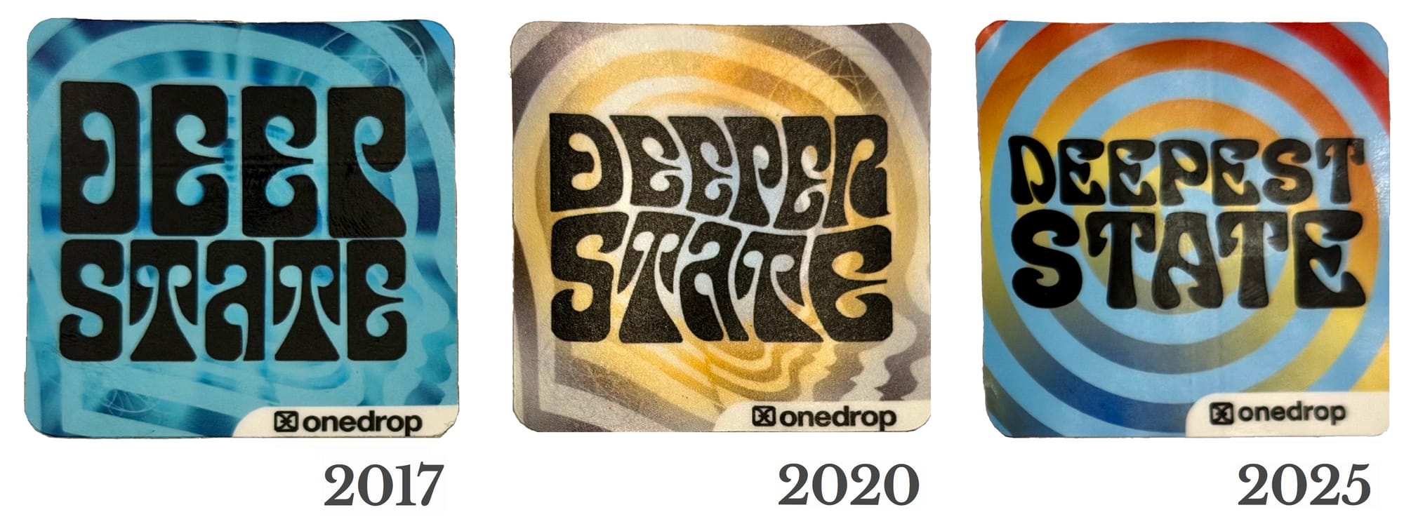 box labels for three of the "State" series yo-yos from OneDrop: Deep State, 2017; Deeper State, 2020; Deepest State, 2025