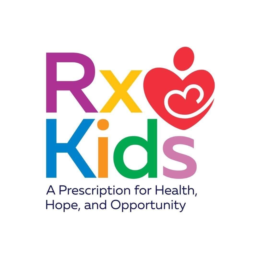 Logo for RxKids, each large letter is a different color, with a red heart made to abstractly look like a person holding an infant, and the words 'A prescription for Health, Hope, and Opportunity' in smaller black letters
