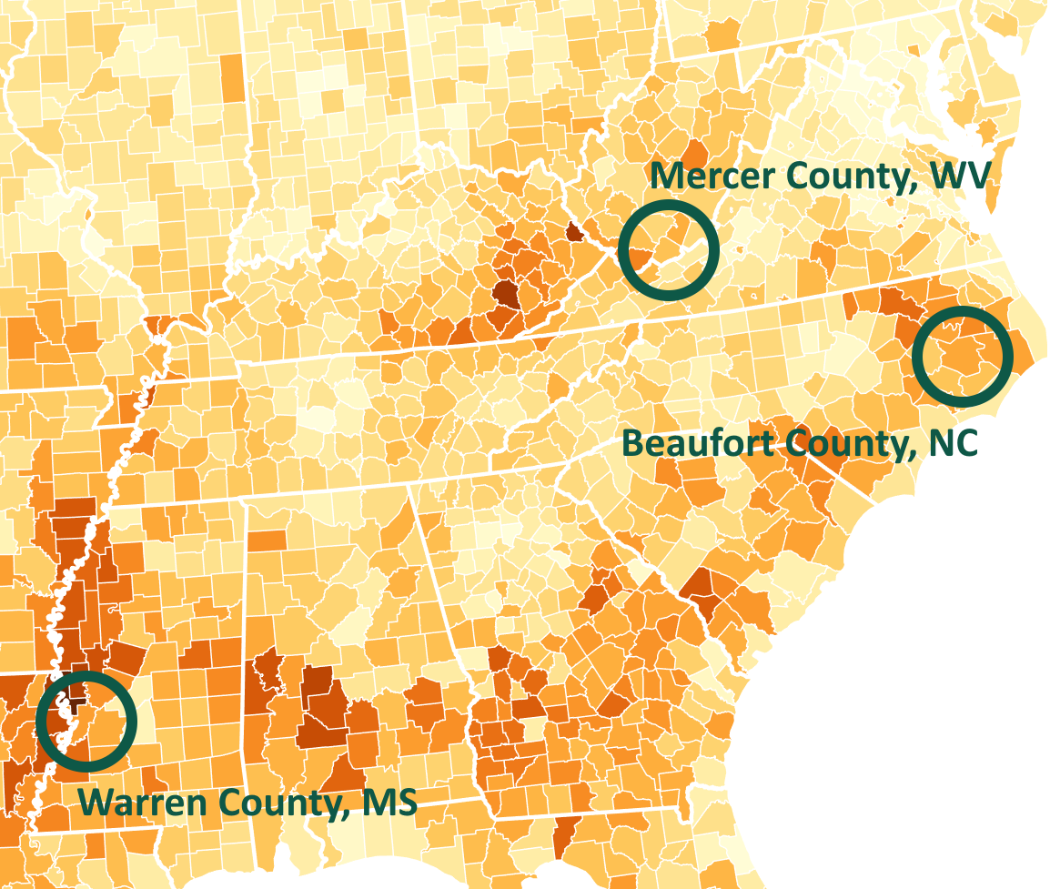Zoomed in map of USA with Mercer County, WV and Beaufort County, NC and Warren County, MS highlighted