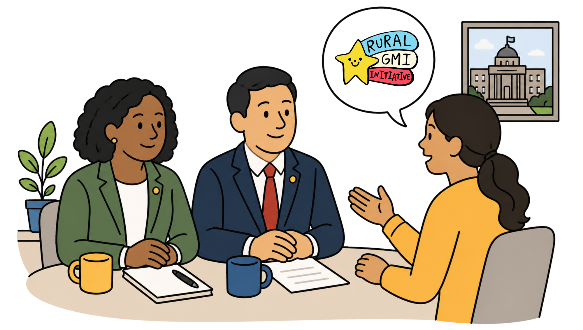 The same cartoon woman from the earlier graphic is speaking with two local of her local elected officials about GMI.  A man and woman, both elected officials, are listening as she explains to them. 