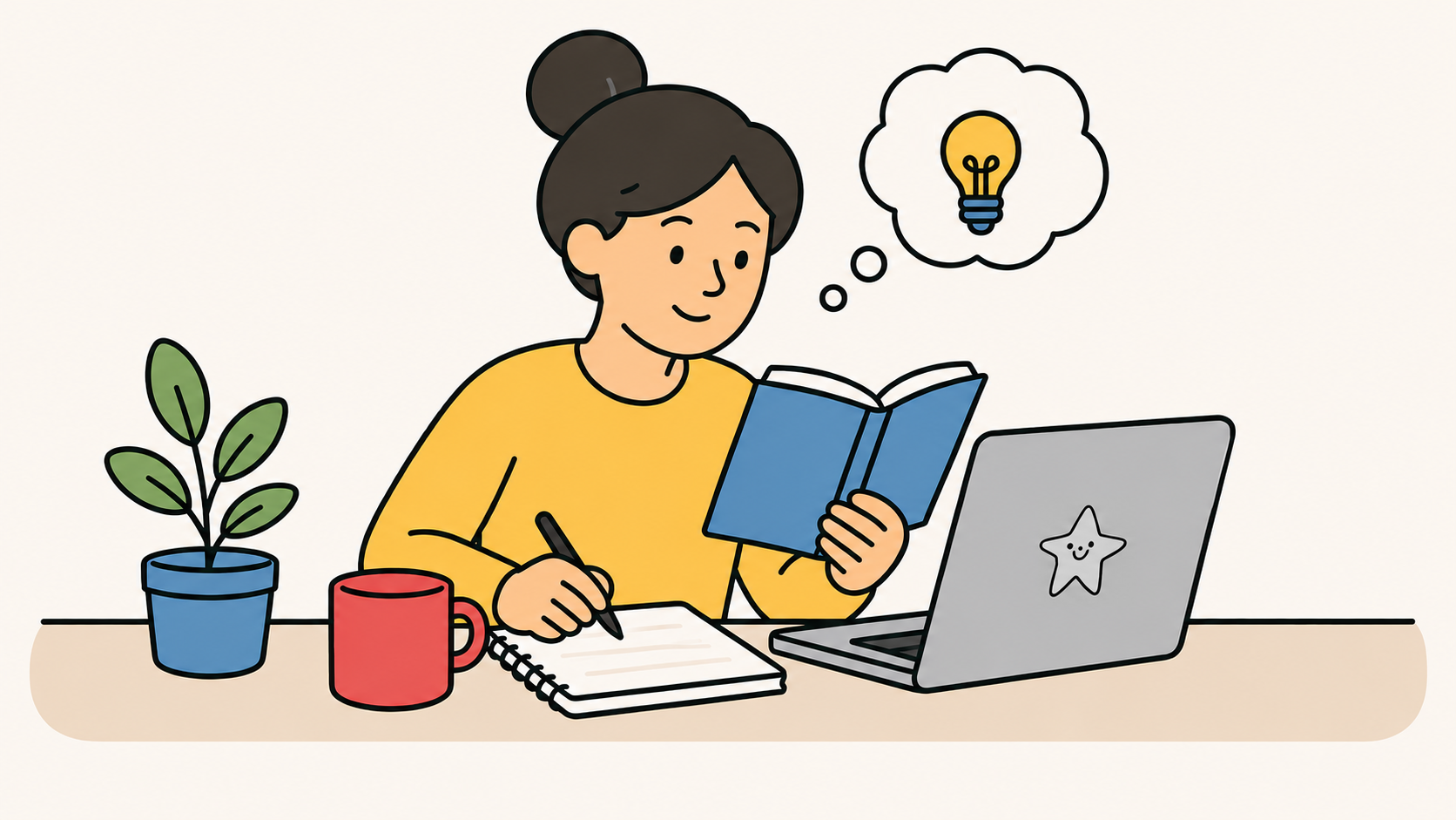 A cartoon drawing of a woman sitting at a desk.  She has her laptop, notebook, plant, and coffee on the desk. A thought bubble displays a light bulb - she is learning. 