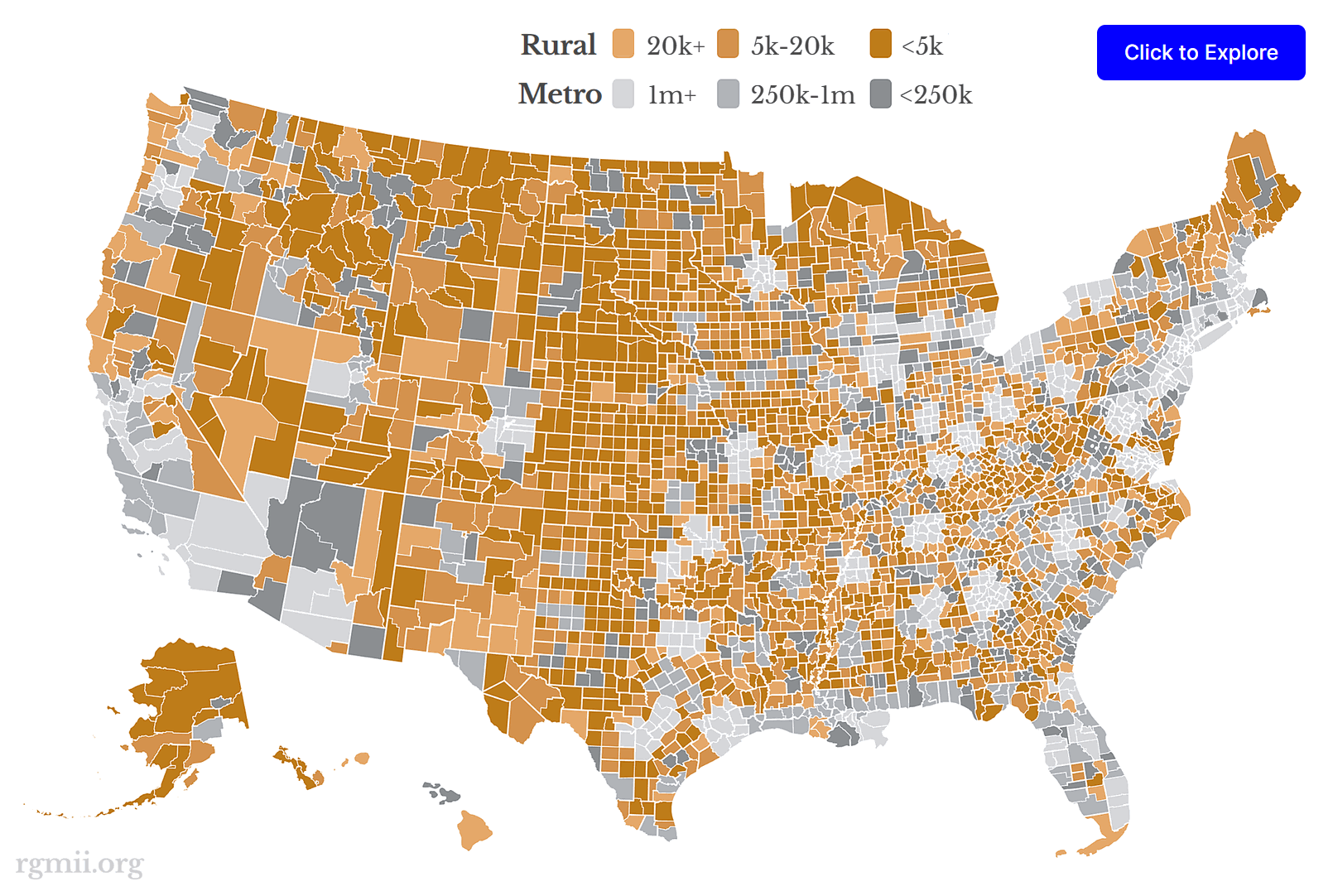 Map of the United States showing all 3,143 counties by rural (gold) / metro (grey) and population