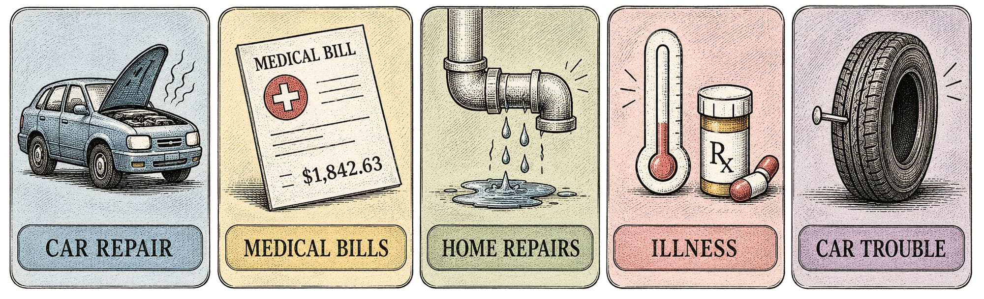 An info graphic which provides 5 examples of unexpected expenses: Car Repair, Medical Bills, Home Repairs, Illness, and Car Trouble.  
