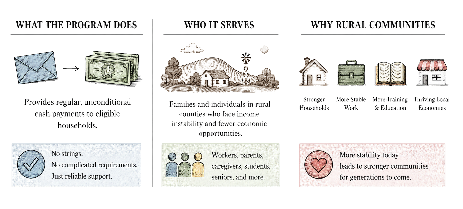 Infographic which displays three sections: The first is What the Program Does. It provides regular unconditional cash payments to eligible households. In the second box, Who it serves, it says Families and individuals in rural counties who face income instability and fewer economic opportunities.  In the third and final box, it says Why Rural Communities.   More stability today leads to stronger communities for generations to come. 