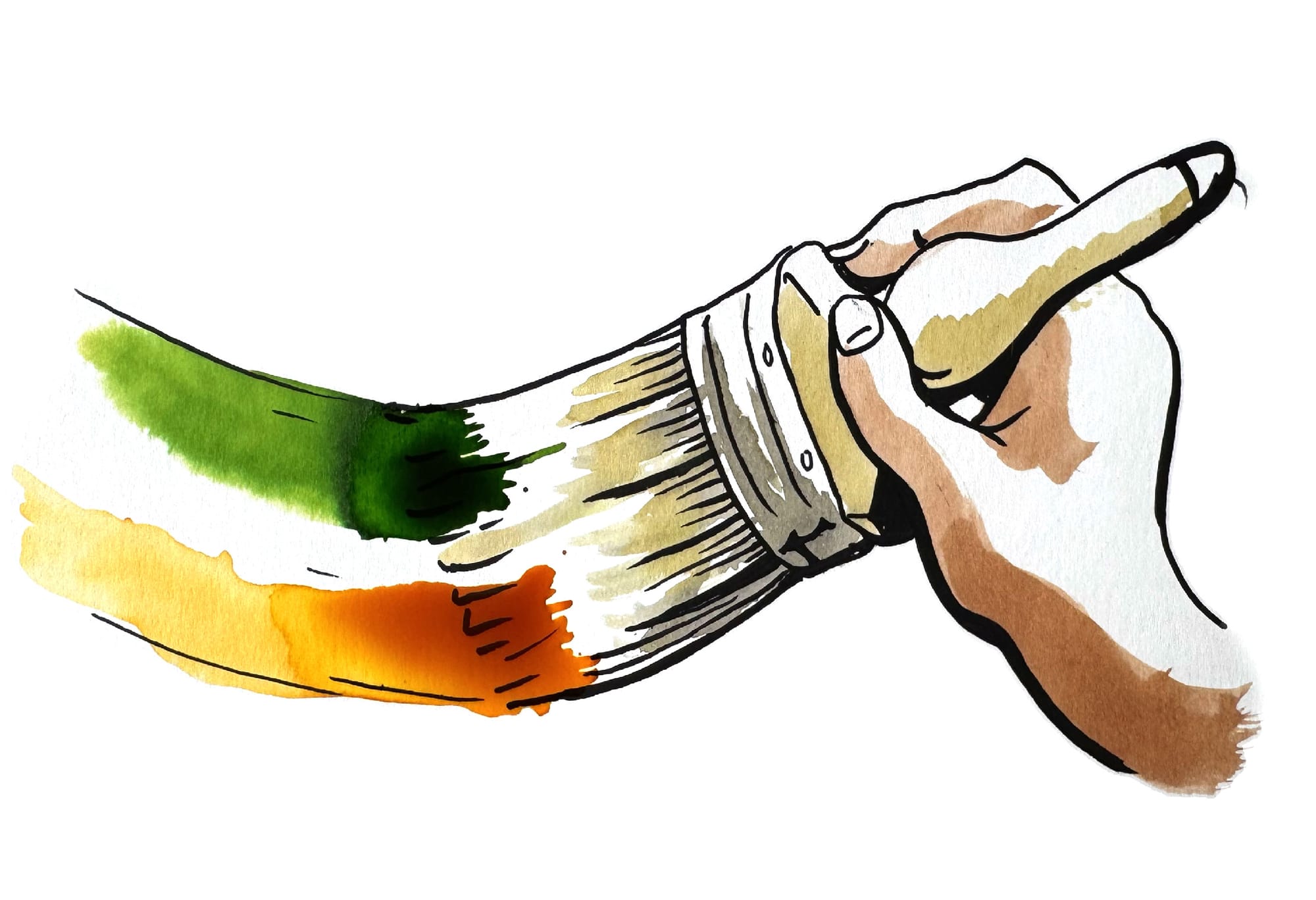 Illustration of a wide paintbrush loaded with the orange and green colors of the Irish Republic's flag