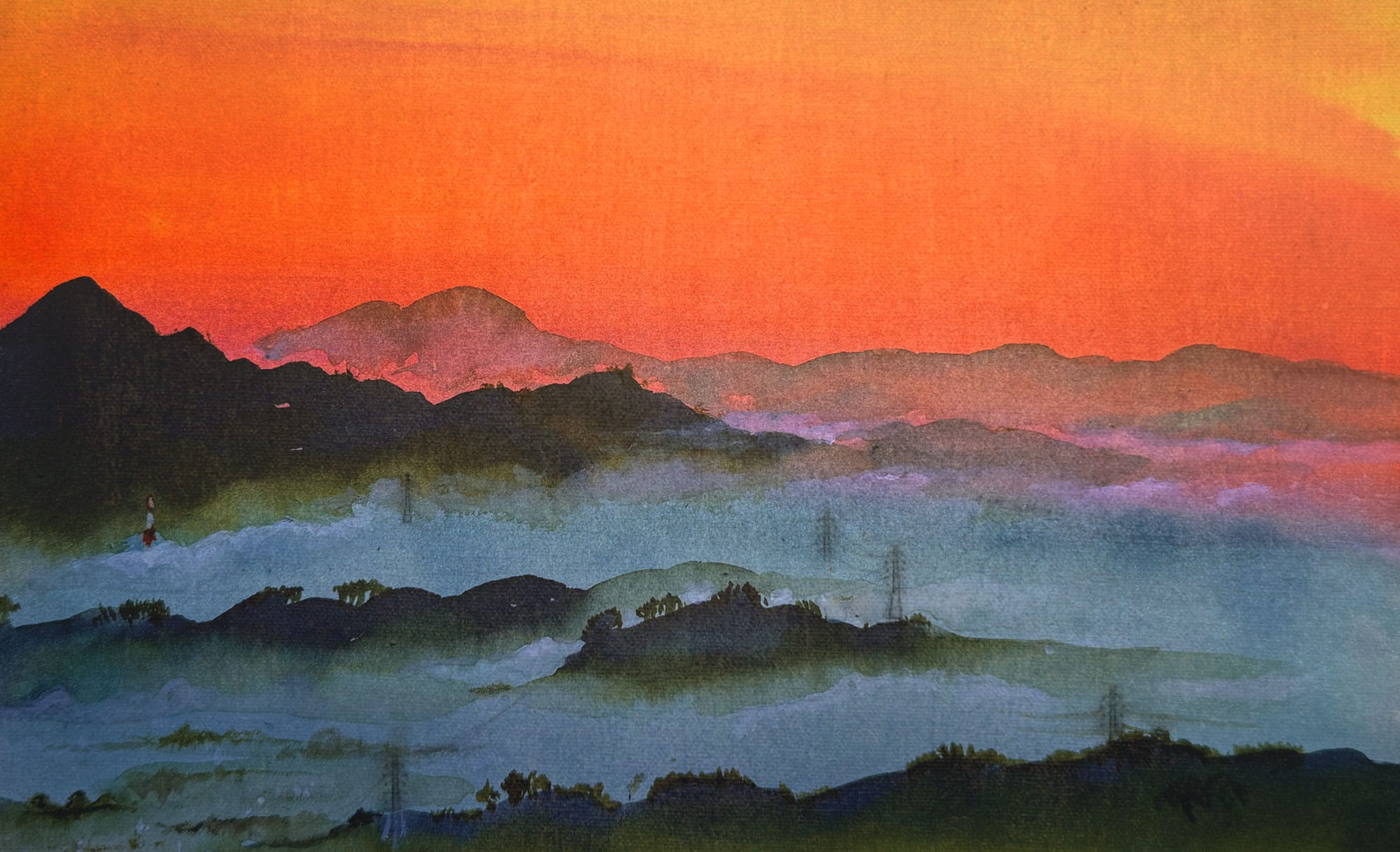 A watercolor painting of Okcheon county fog