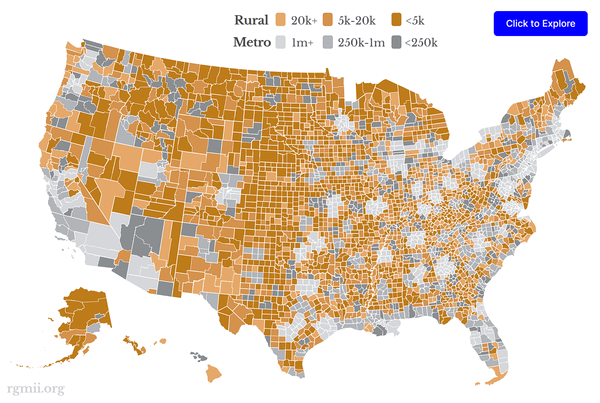 Map of the United States showing all 3,143 counties by rural (gold) / metro (grey) and population