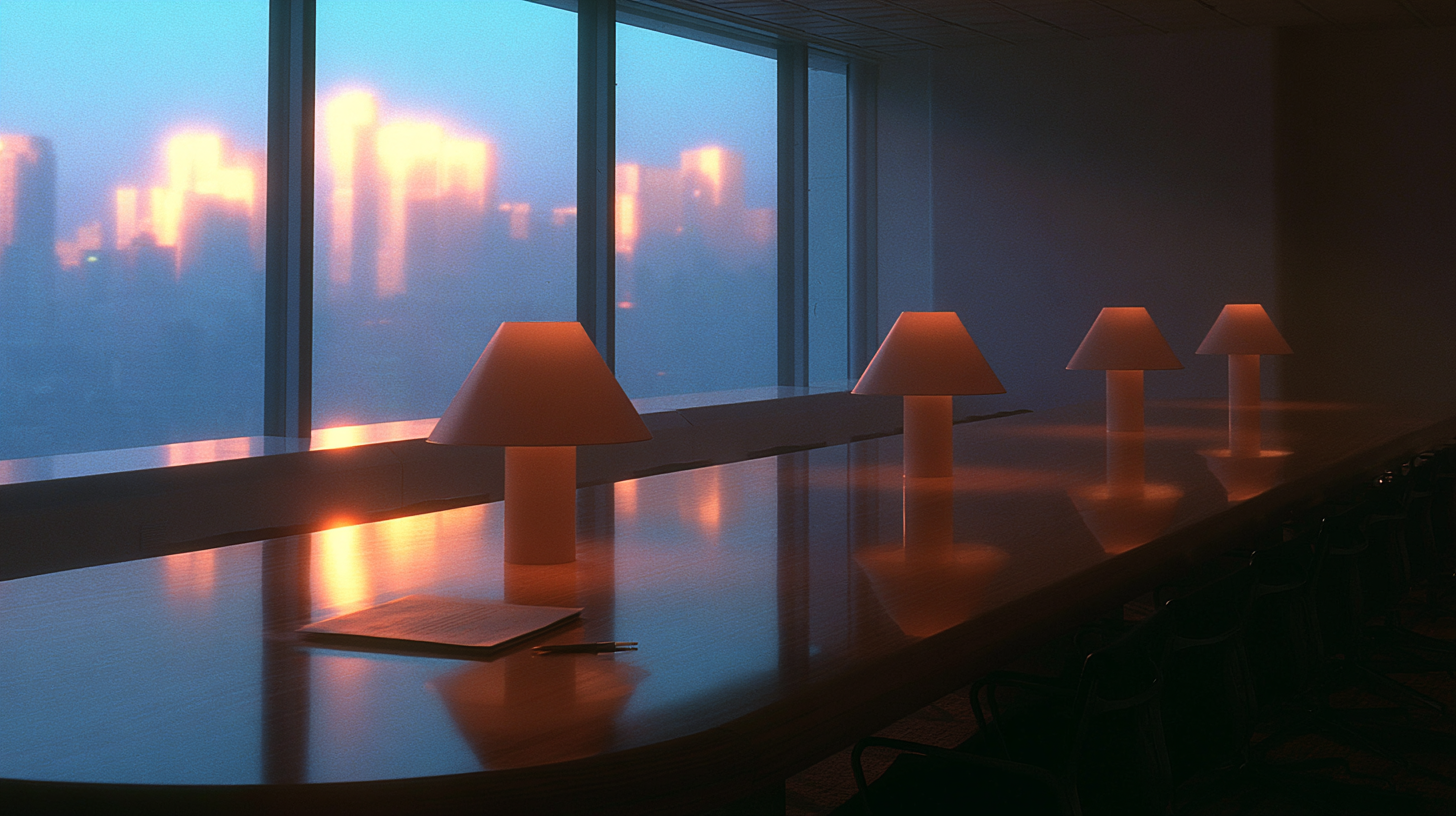 A premium executive boardroom at dusk