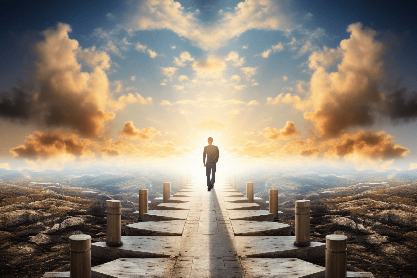 A man is visualizing his goals on a path leading to the sky.