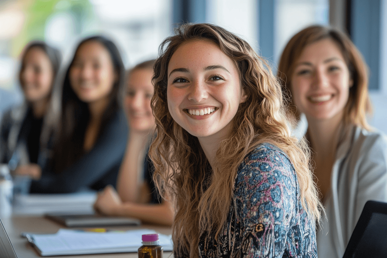 A group of women engaged in discussion while seated at a table in an office setting.