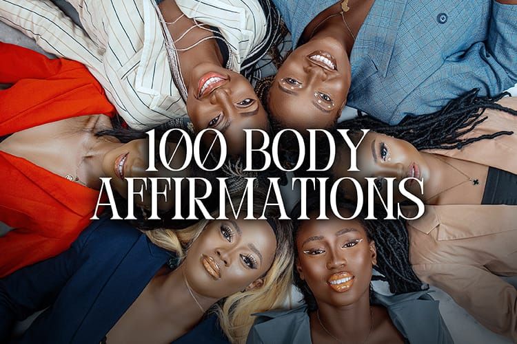 A colorful poster displaying 100 positive body affirmations for self-love and confidence.