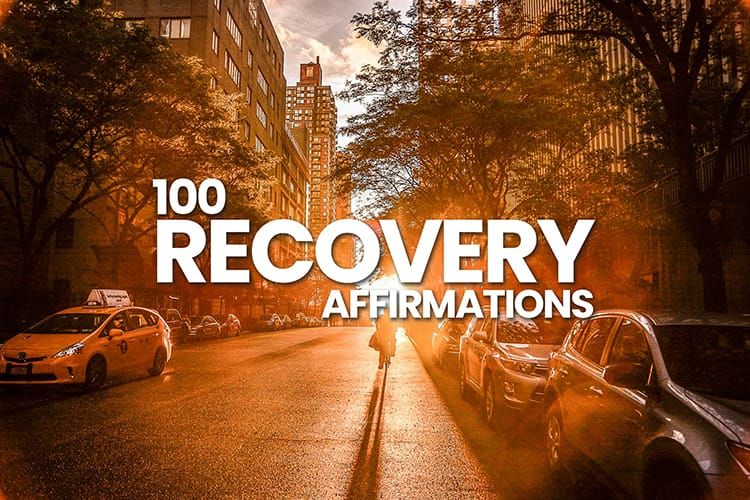 An inspirational image featuring the phrase "100 Recovery Affirmations" surrounded by soothing colors and designs.