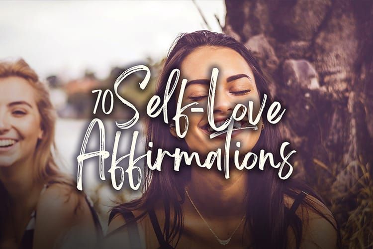 Two women beaming with happiness, featuring the words "70 self-love affirmations" to inspire confidence and love.