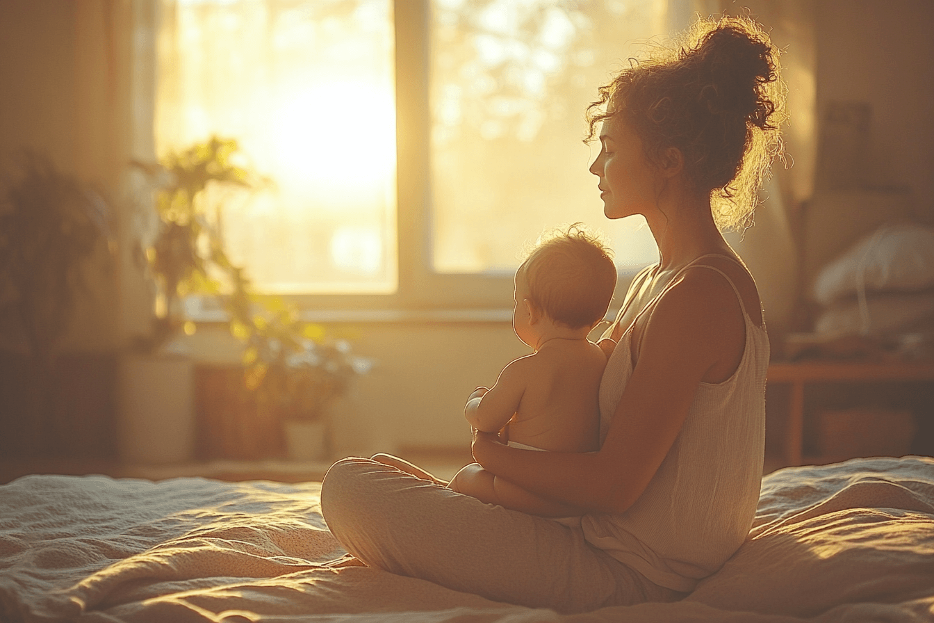 A woman sits on a bed, gently holding her baby in her arms, both looking content and relaxed.
