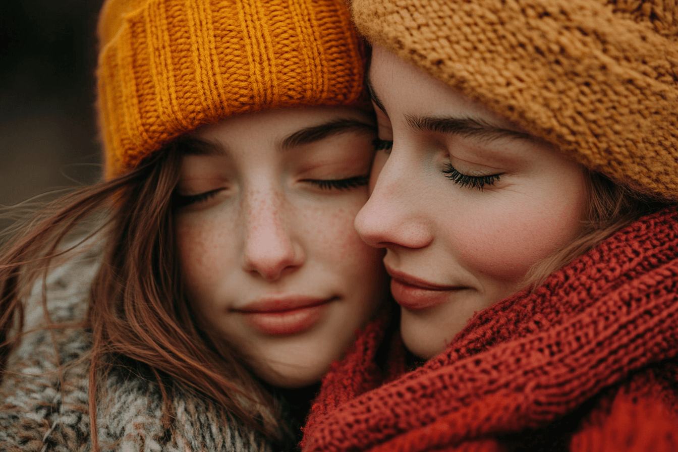 Two friends wearing stylish hats and scarves pose happily for a photo.