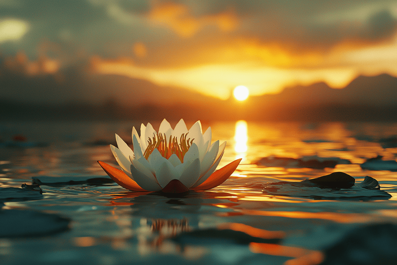 A serene white lotus flower rests on water, surrounded by the vibrant hues of a sunset sky.